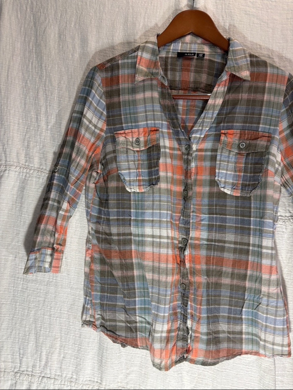 a.n.a Plaid Button-Down Shirt in Orange, Blue, Green 100% cotton lightweight - Picture 5 of 6